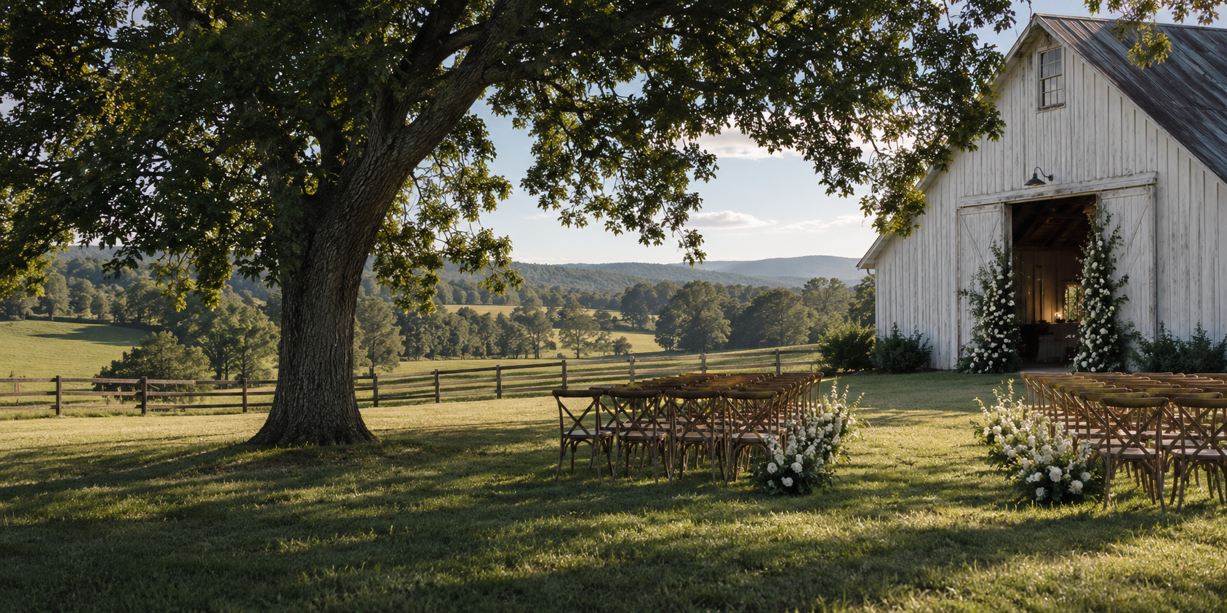 An outdoor wedding ceremony beside a white farm barn